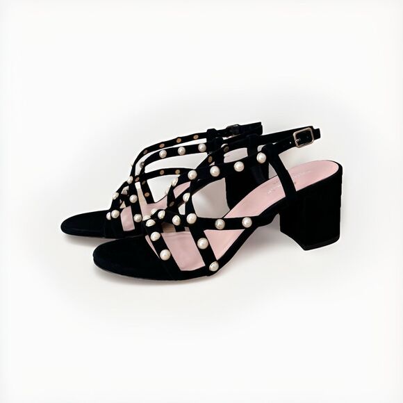 Kate Spade Wynne Black Suede Pearl Embellished Block Heel Sandals Women's Sz 7.5 - Picture 5 of 11
